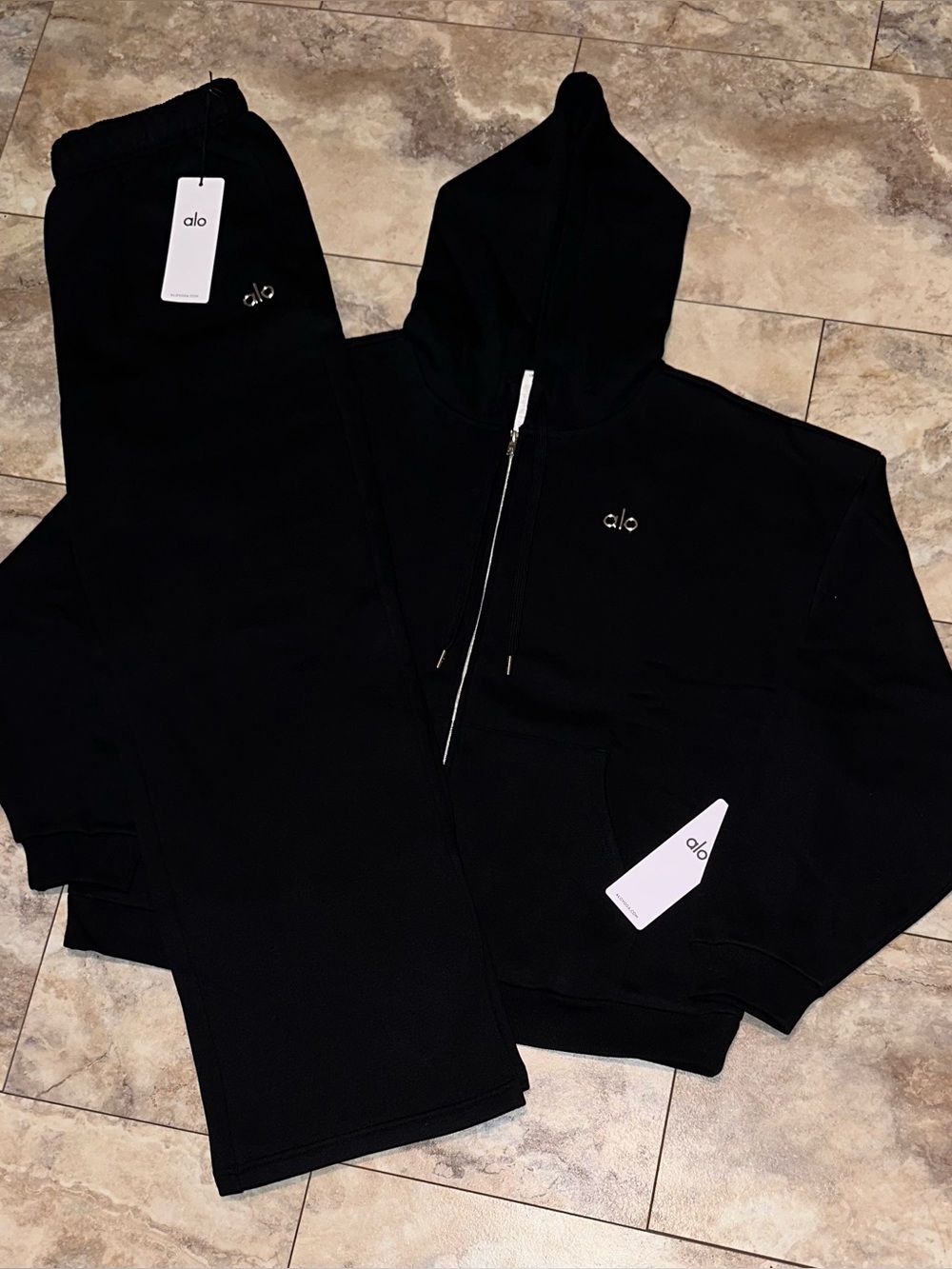 Alo Yoga Accolade Full Zip Hoodie & Sweatpants Set Black Sweatsuit XL